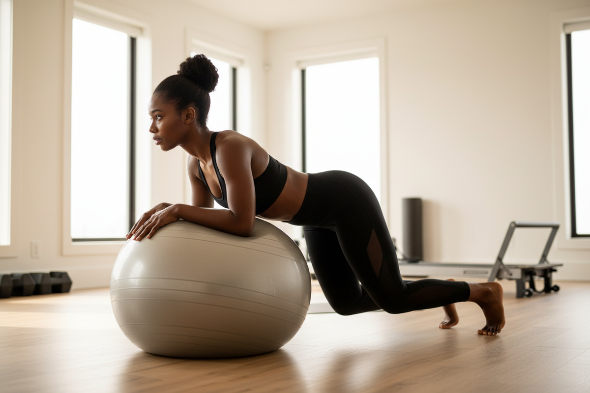 Femme noire faisant un exercice pilates sur la Balance Ball
