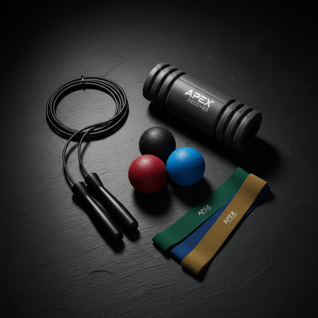 kit accessoires cardio mobilité avec bandes élastiques, balles et corde à sauter APEX.