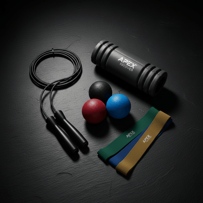 kit accessoires cardio mobilité avec bandes élastiques, balles et corde à sauter APEX.